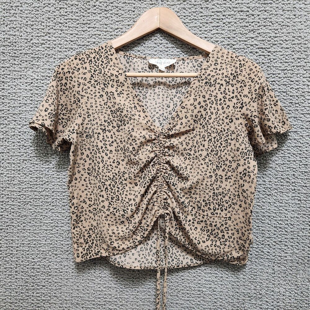 HIPPIE ROSE Women's Leopard Print Tie Waist Blouse Short Sleeve Size M